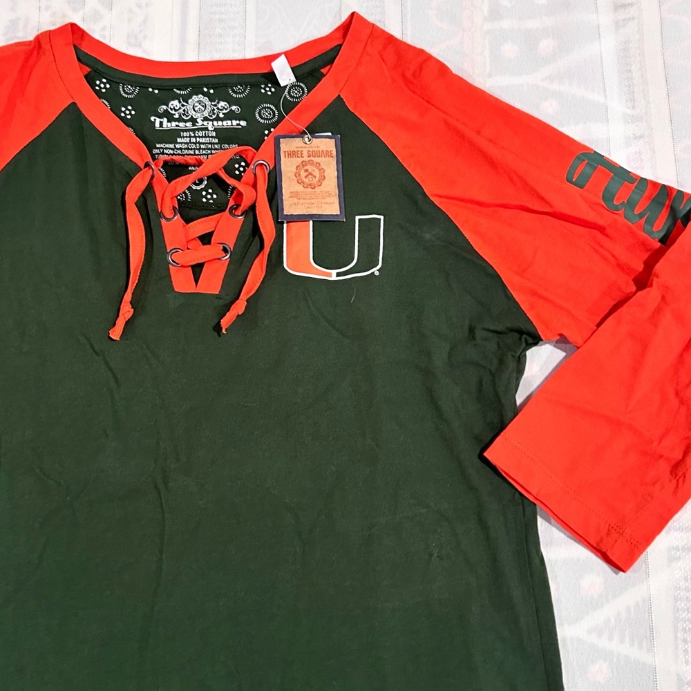 UM University of Miami canes t-shirt 3/4 sleeve lace up womens large NWT cotton